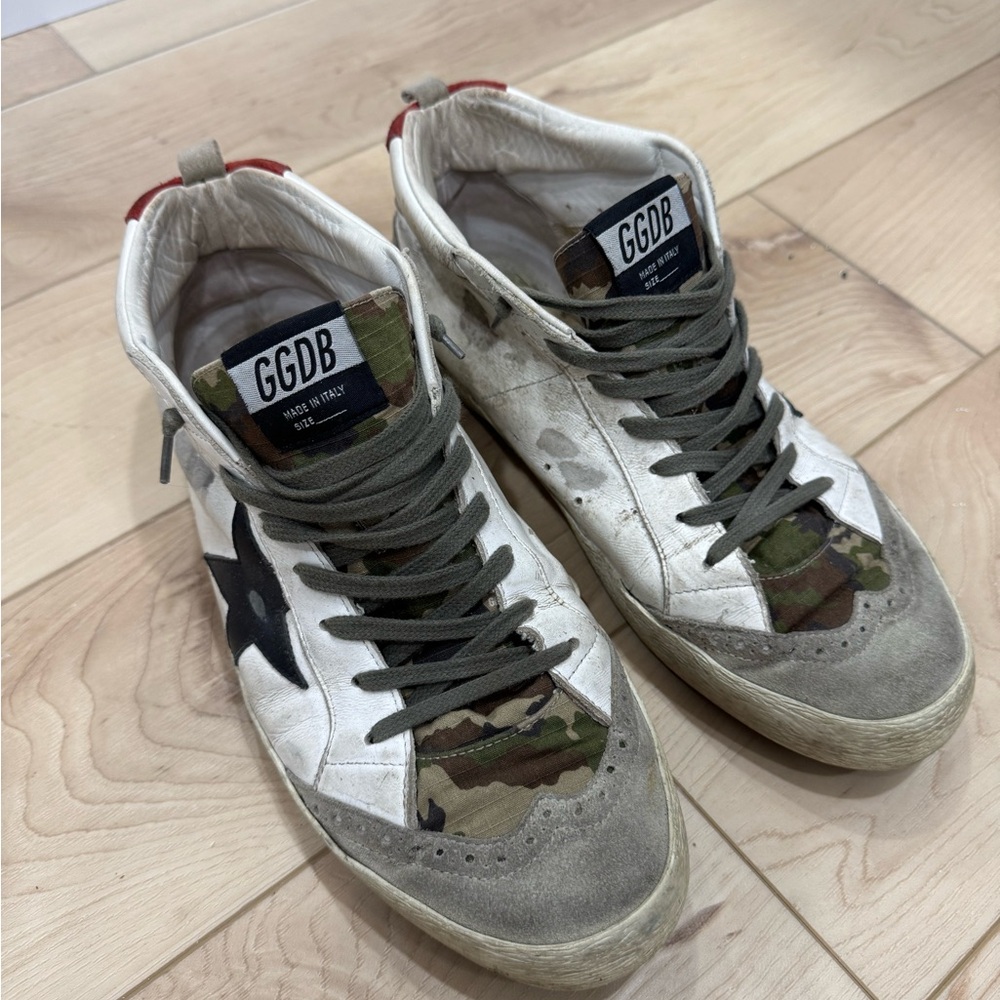 Men’s Golden Goose Midstar White, Camo & Gray High-Top Sneakers 44